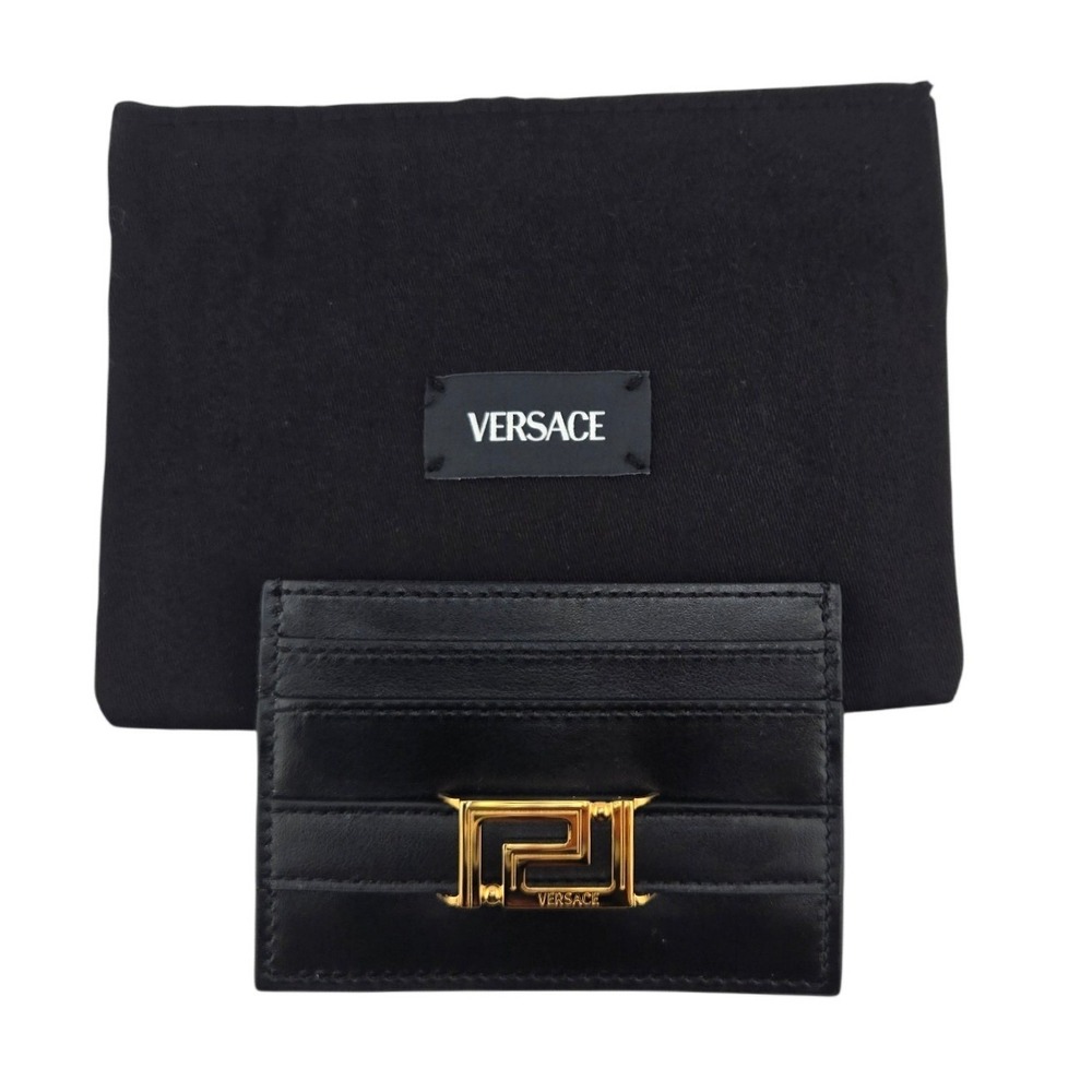 Versace Greca Card Holder Black Leather Gold Tone Hardware Slim Wallet Italy